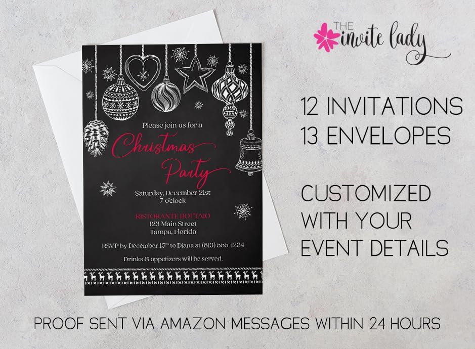 Holiday Party Invitations Christmas Ornament Printed Cards 12 Count