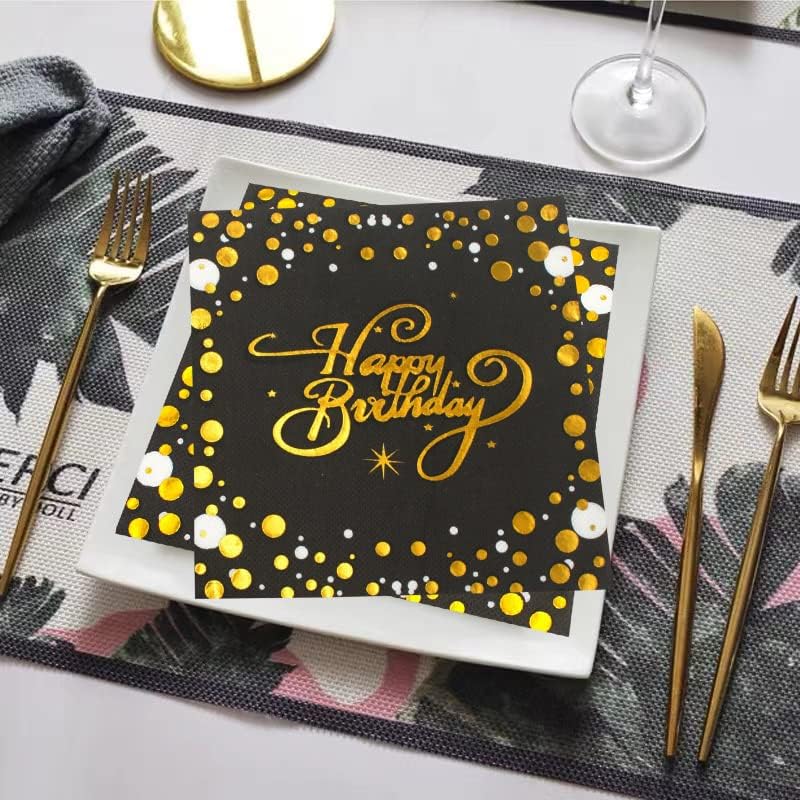 40pcs Black and Gold Birthday Napkins for Parties