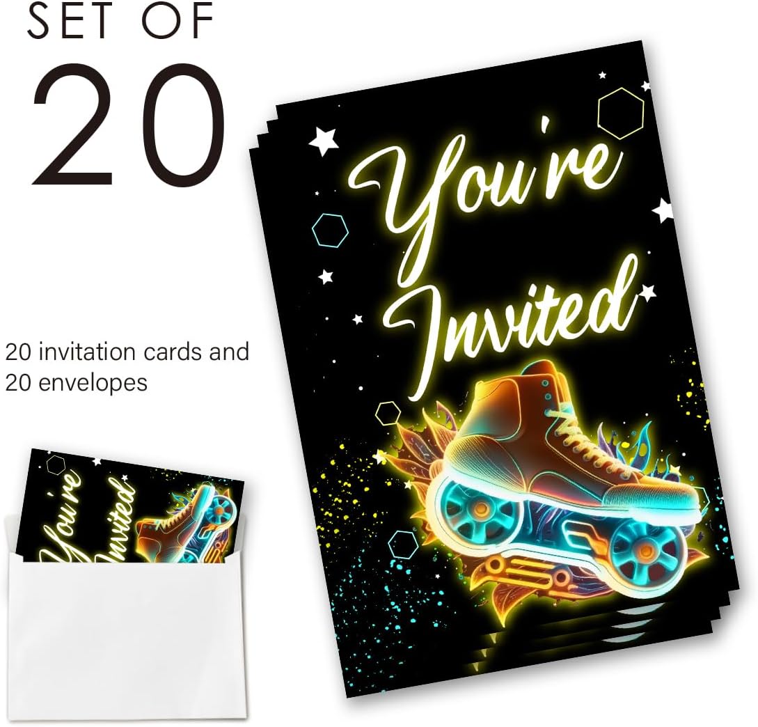 EUDOSI Roller Skating Birthday Invites Set of 20 with Envelopes