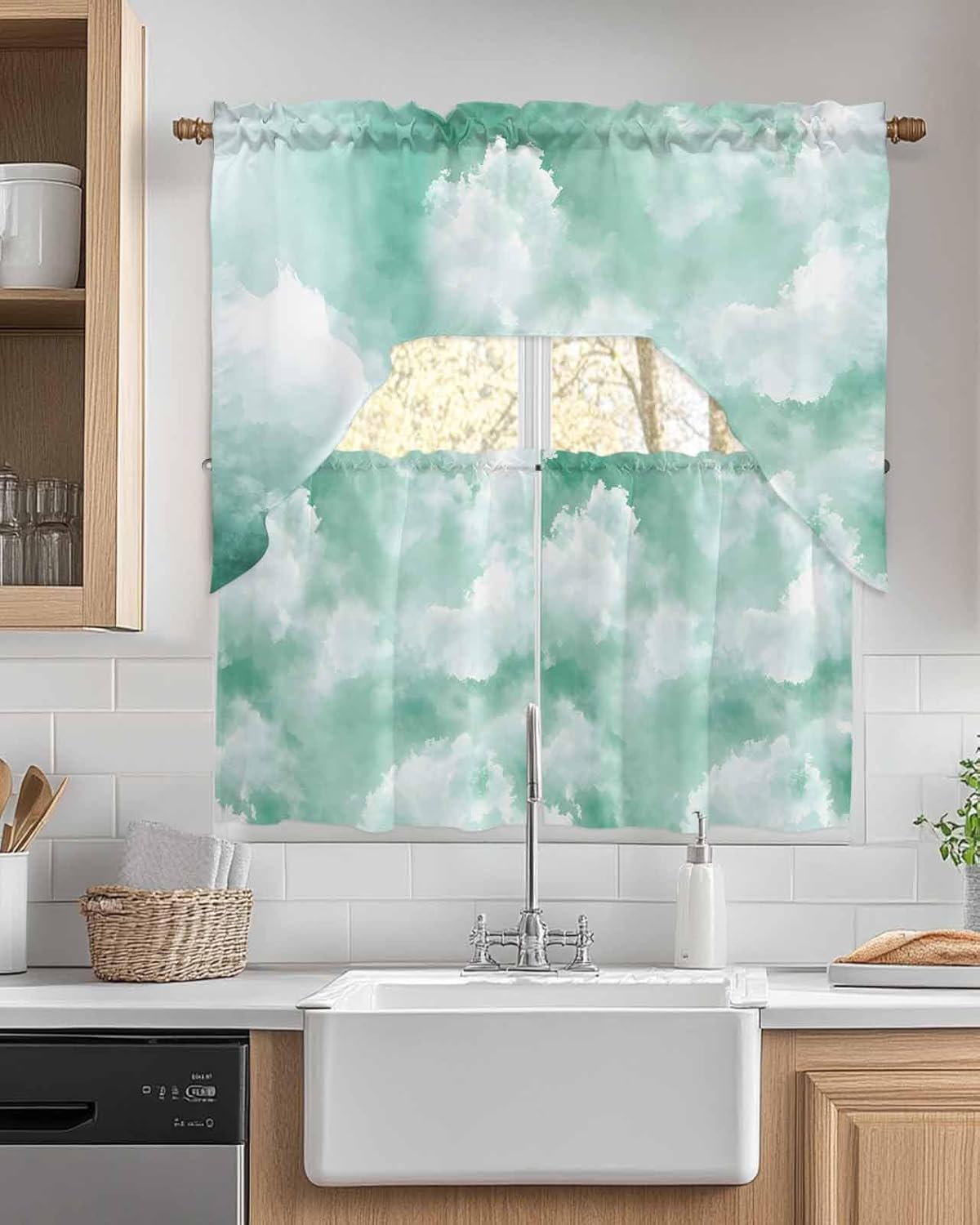 Green Sky Cloud Curtain and Valance Set 3 Pieces