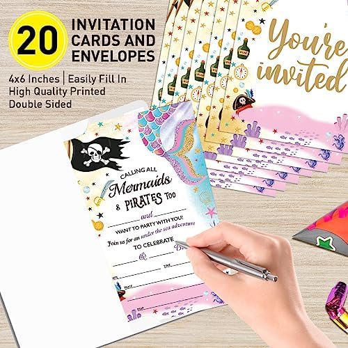 Mermaid and Pirate Birthday Invitations Set of 20 4x6 with Envelopes