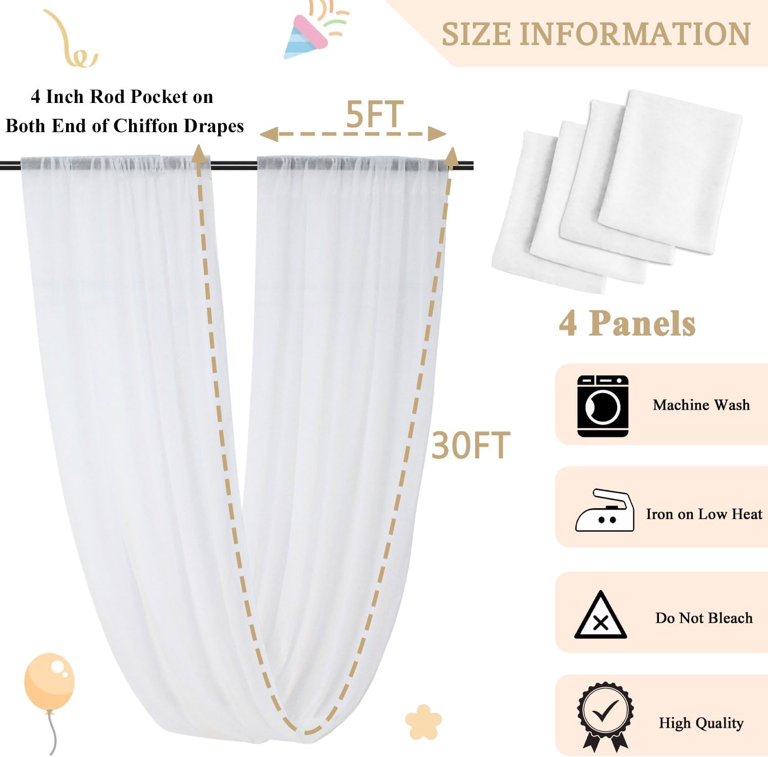 MODFUNS White Wedding Arch Drapes 4 Panels 5x30ft Sheer Curtains
