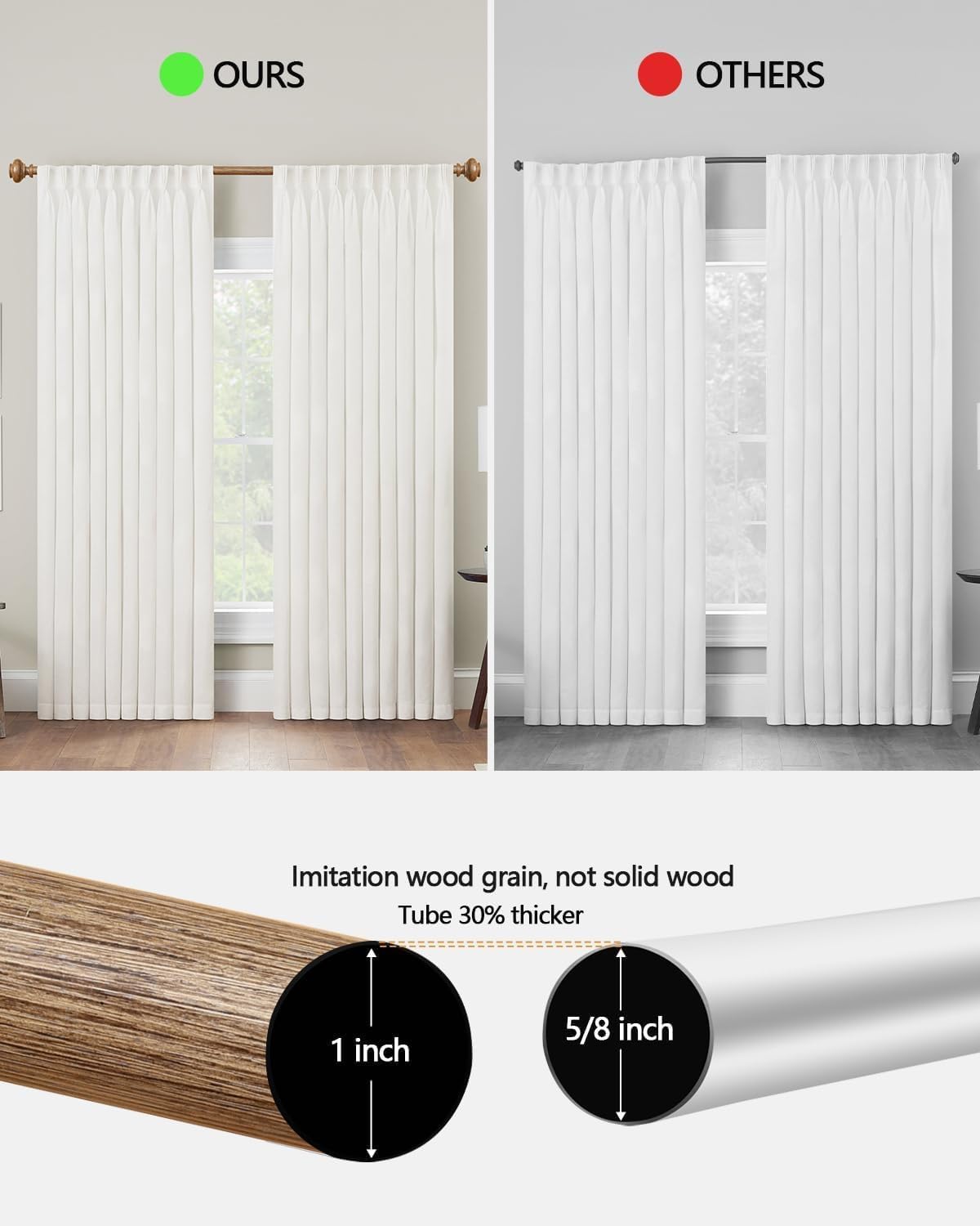 Heavy Duty Wood Look Curtain Rods 48-84 Inch