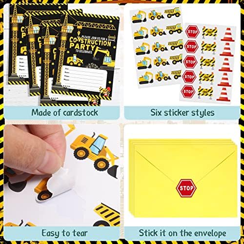 Pajean 30 Pack Construction Party Invitations with Yellow Envelopes and Stickers