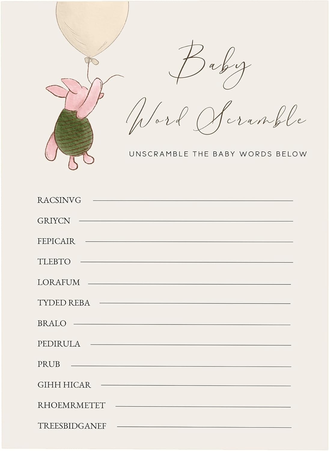 Winnie The Pooh Baby Shower Game Cards Set of 30