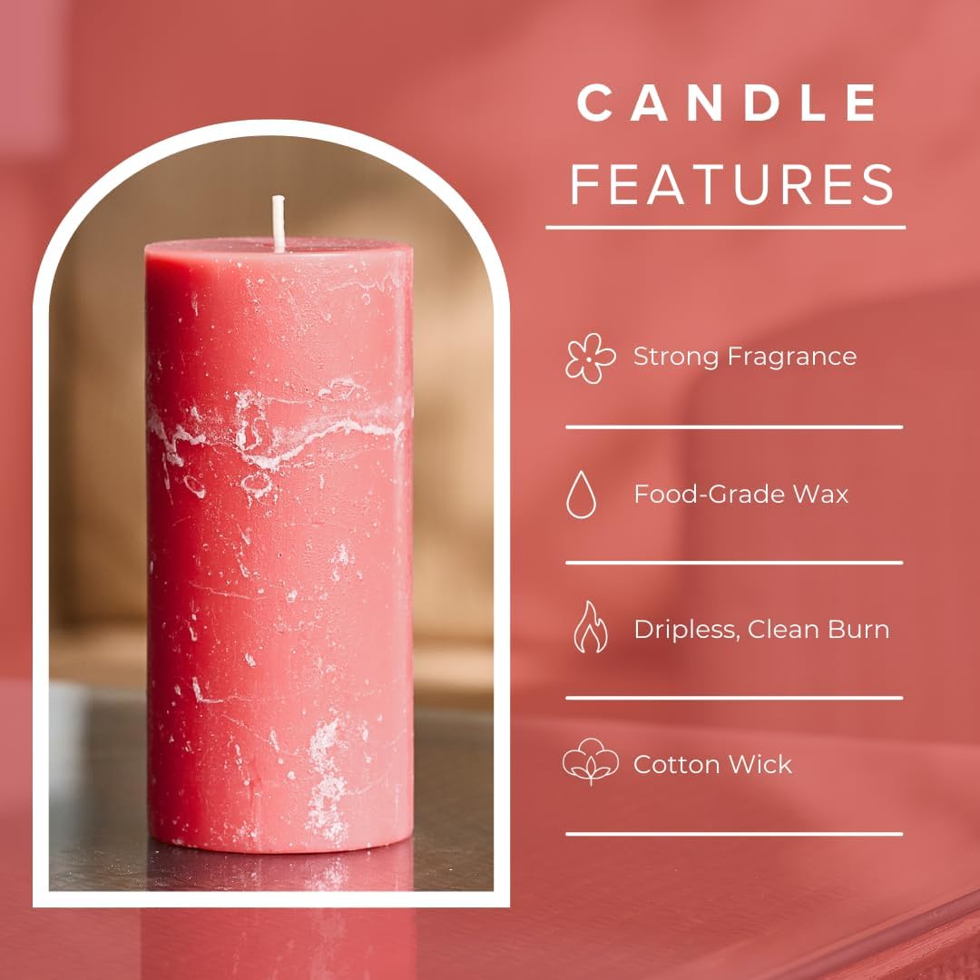 Simply Soson 3x6 Inch Pink Rustic Peony and Rose Pillar Candle - 3 Pack