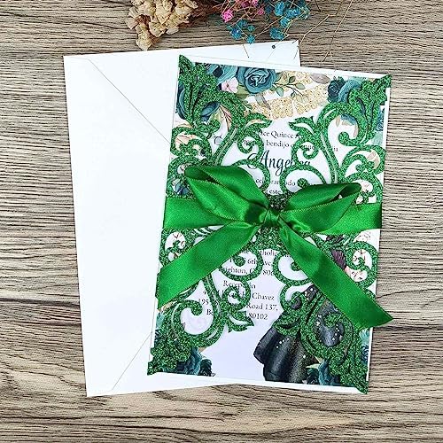 25PCS Green Glitter Laser Cut Wedding Invitation Cards with Envelopes and Ribbons