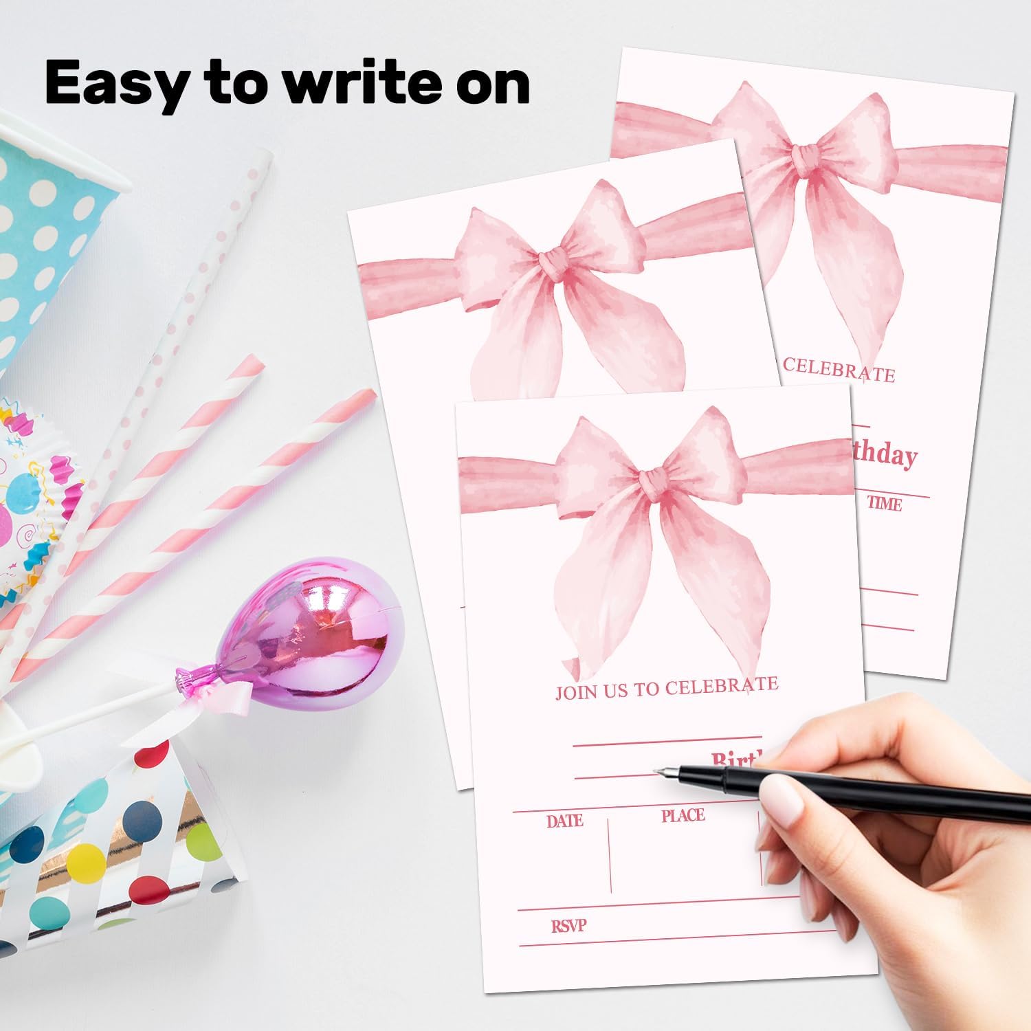 Bow Pink Birthday Invitations With Envelopes 20 Pack