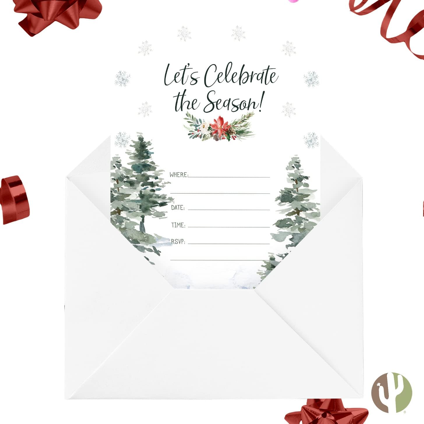Desert Cactus Christmas Invitations with Envelopes 25 Count Design C