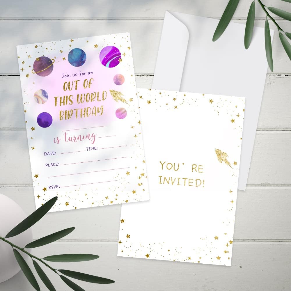 Universe Space Birthday Invitations Set 20 Cards with Envelopes Pink Gold Galaxy Design