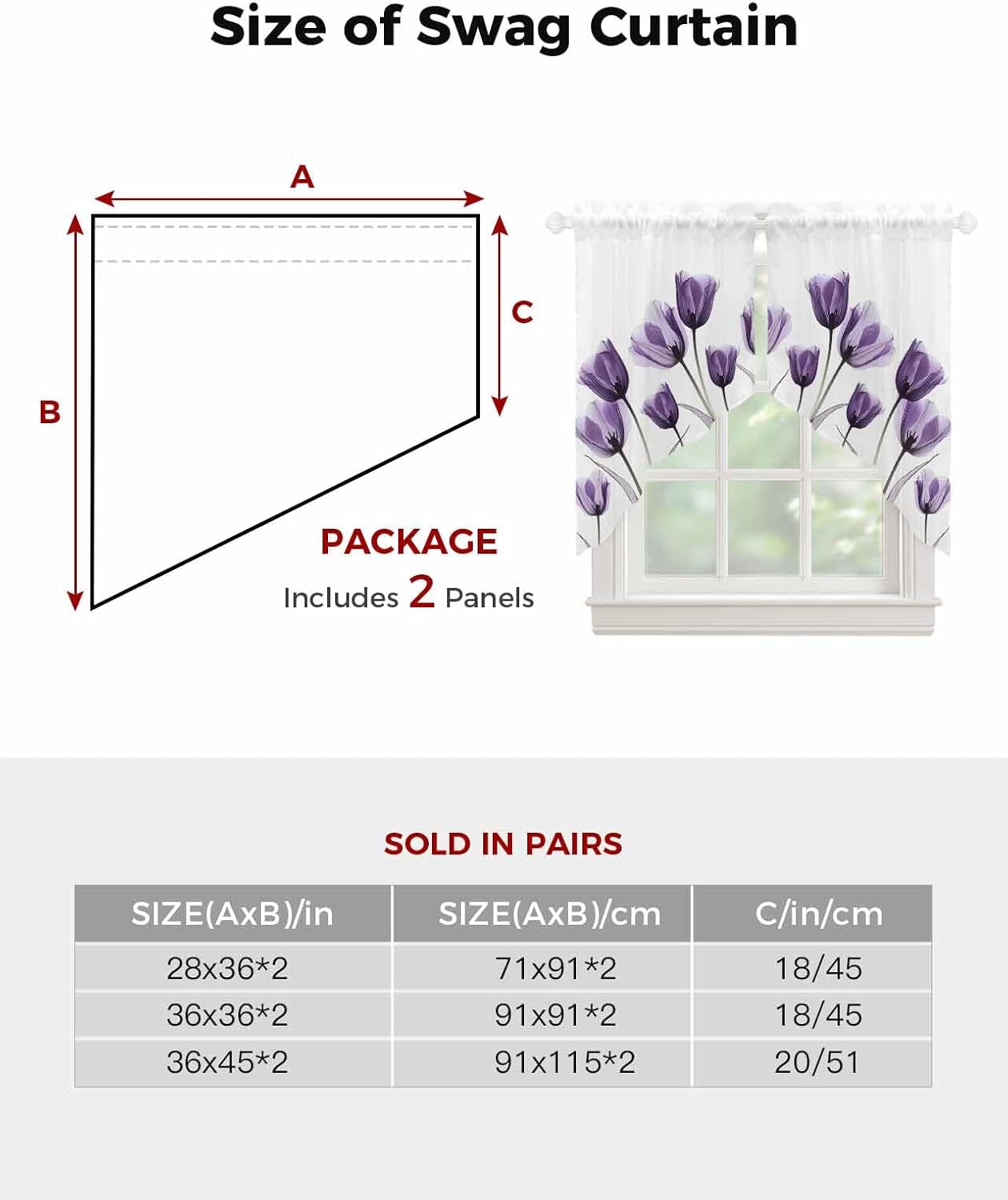 Purple Tulips Swag Curtains 2 Panels Set 72 W x 36 L