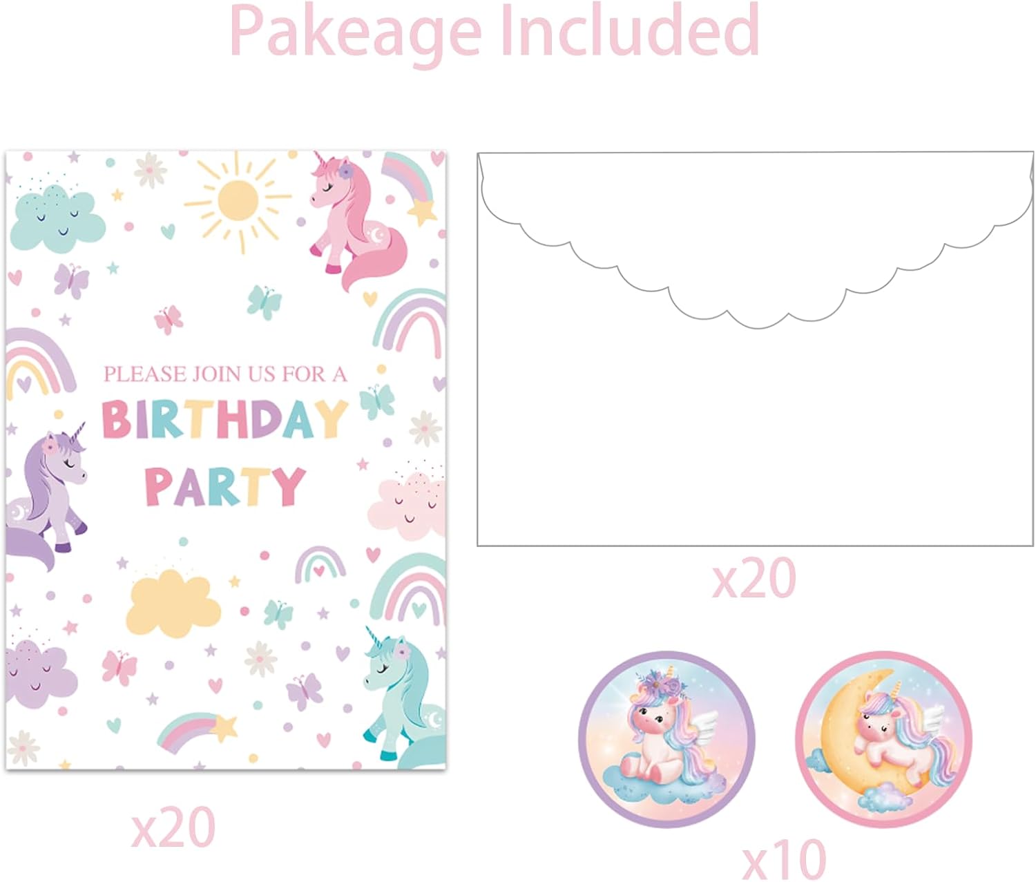 Birthday Invitations Cute Unicorn 20Pcs Double Sided