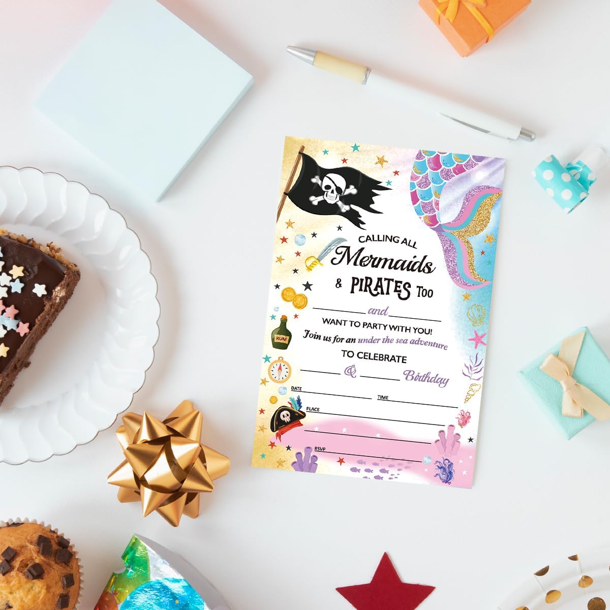 Mermaid and Pirate Birthday Invitations Set of 20 4x6 with Envelopes