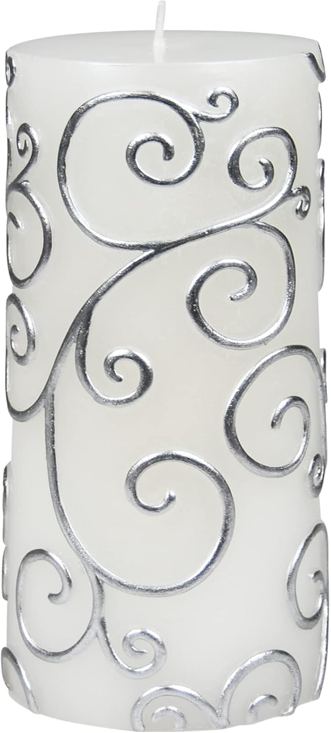 Zest Candle 6 Inch White Scroll Pillar Candle