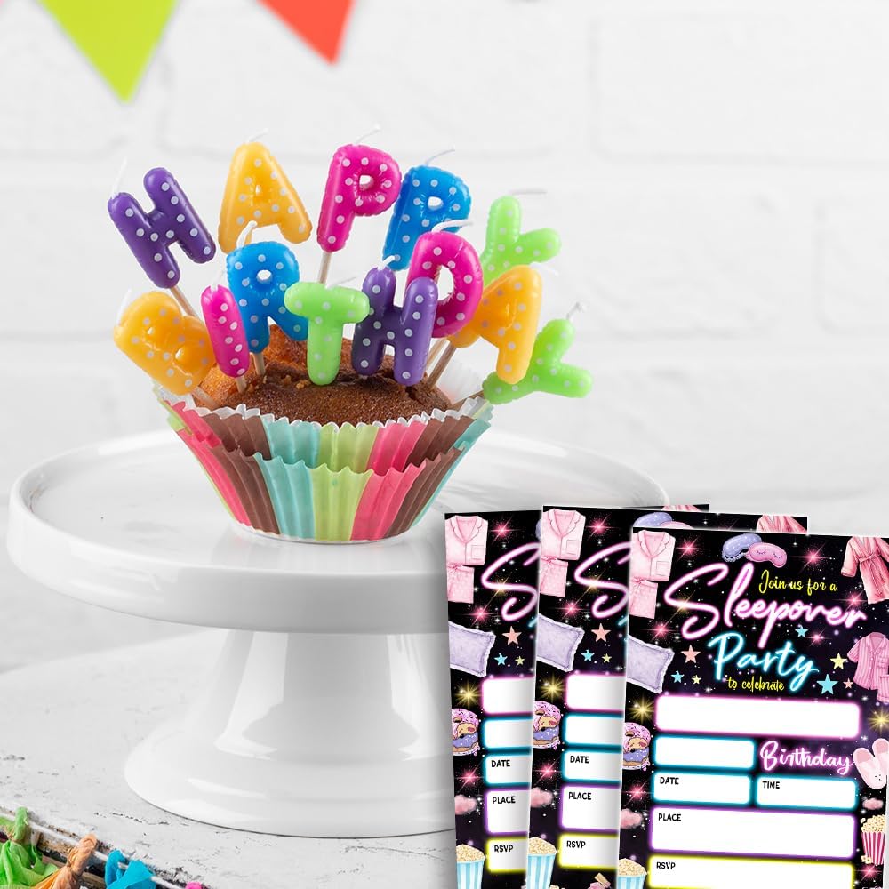 Neon Themed Sleepover Party Invitations with Envelopes