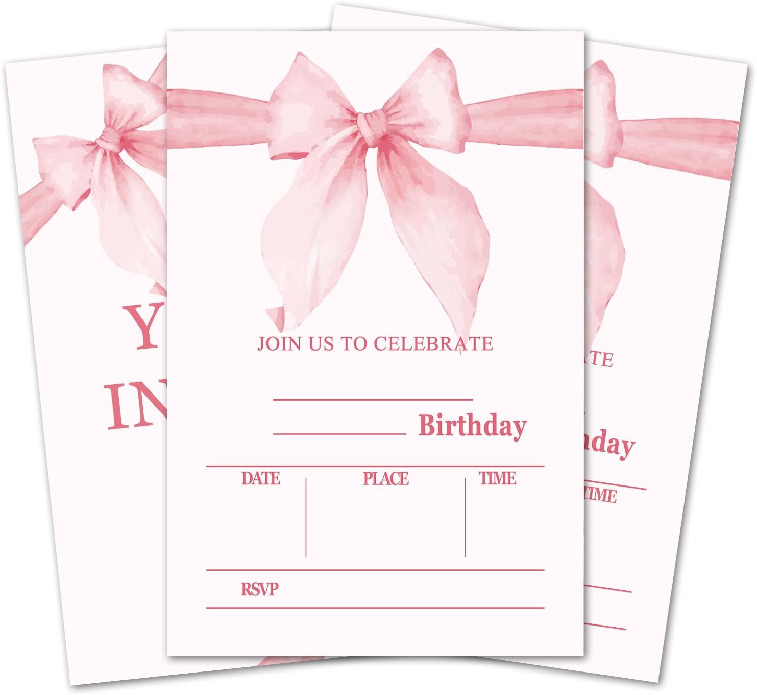 Bow Pink Birthday Invitations With Envelopes 20 Pack