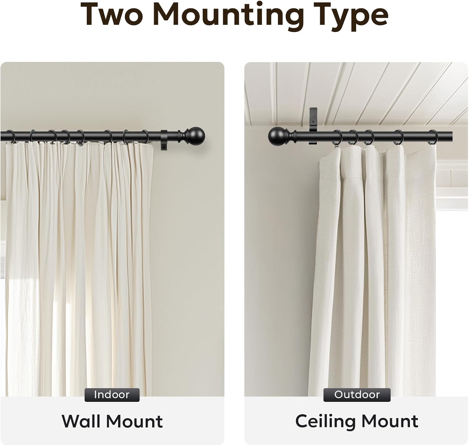 Zeerobee 1 Inch Heavy Duty Black Curtain Rods 66-120