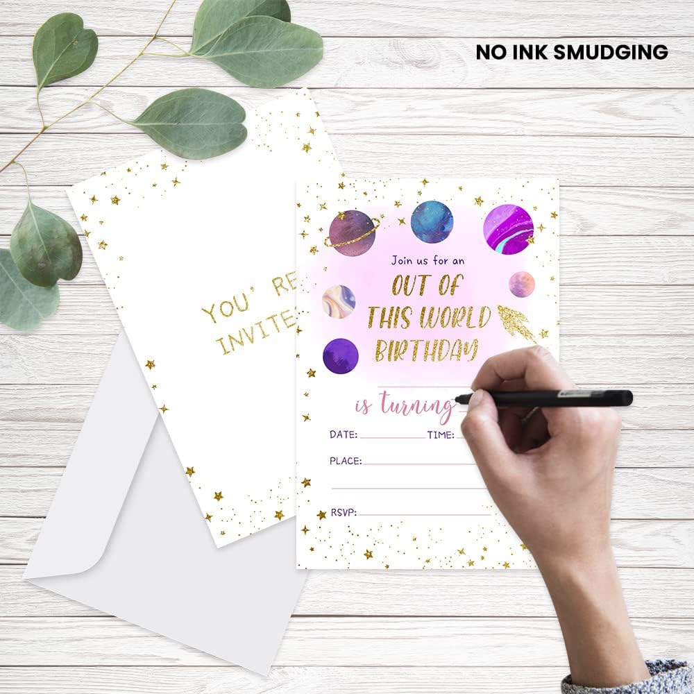 Universe Space Birthday Invitations Set 20 Cards with Envelopes Pink Gold Galaxy Design