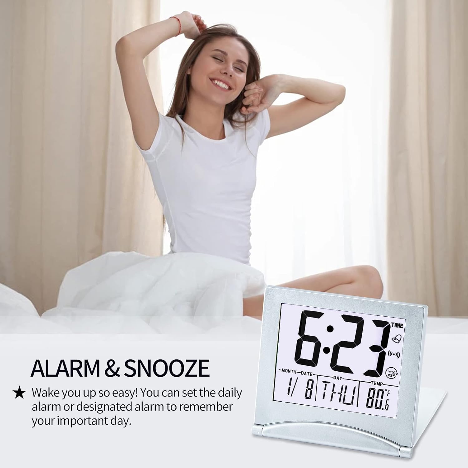 KANBIT Small Digital Travel Alarm Clock with Temperature and Night Light - Silver