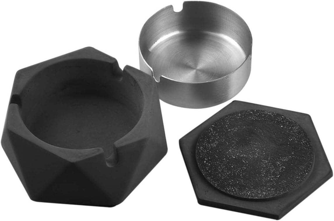FREELOVE Concrete Ashtray with Lid and Stainless Steel Liner Dark Grey Small