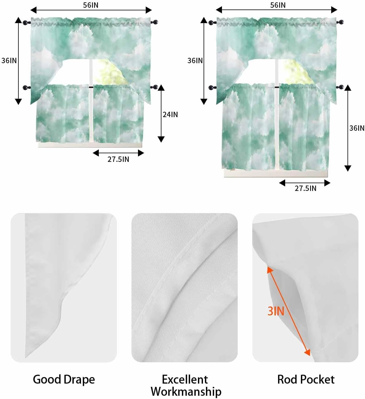 Green Sky Cloud Curtain and Valance Set 3 Pieces