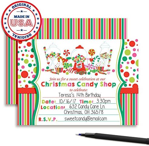 Christmas Sweet Shoppe Birthday Party Invitations with Envelopes