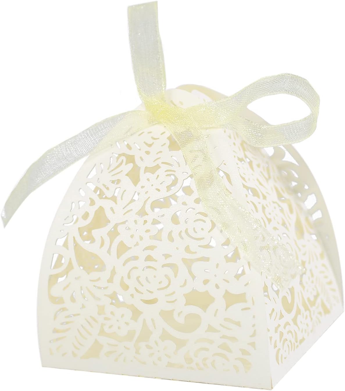 Laser Cut Rose Candy Boxes 70Pcs Beige Wedding Favor