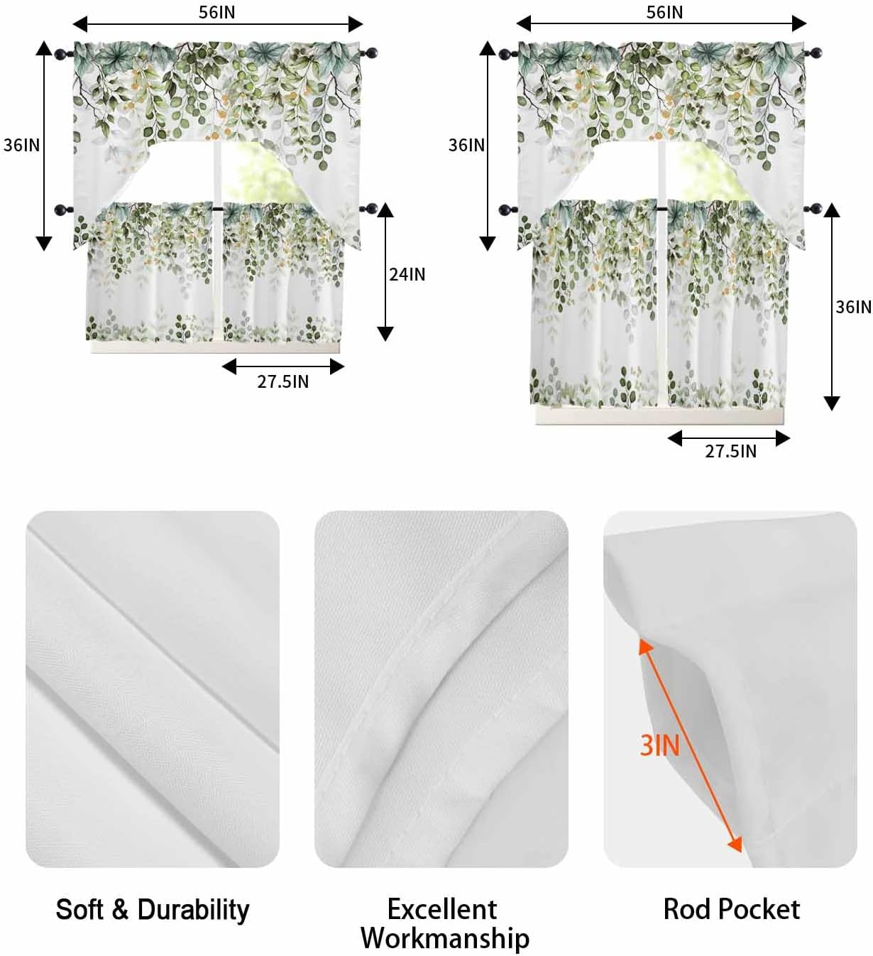 Sage Green Eucalyptus Leaf Curtain Set with Swag Valance and Tiers