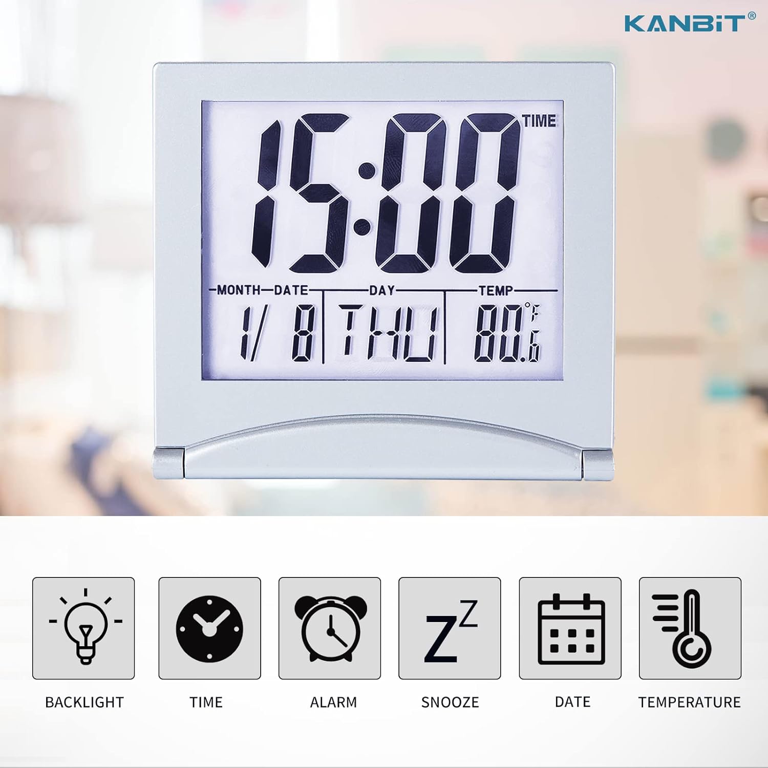 KANBIT Small Digital Travel Alarm Clock with Temperature and Night Light - Silver