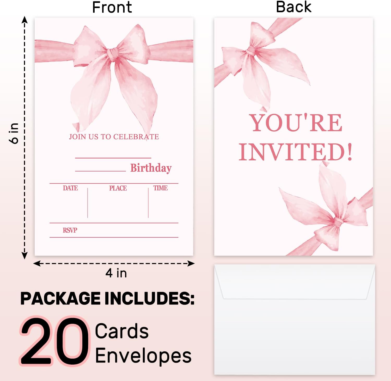 Bow Pink Birthday Invitations With Envelopes 20 Pack