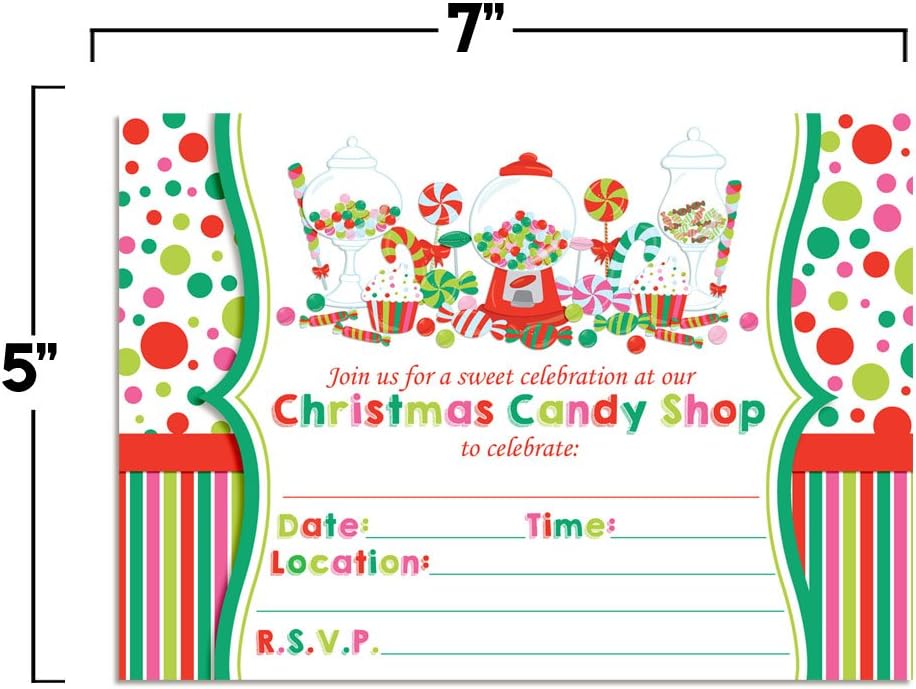 Christmas Sweet Shoppe Birthday Party Invitations with Envelopes