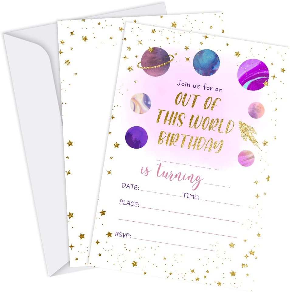 Universe Space Birthday Invitations Set 20 Cards with Envelopes Pink Gold Galaxy Design