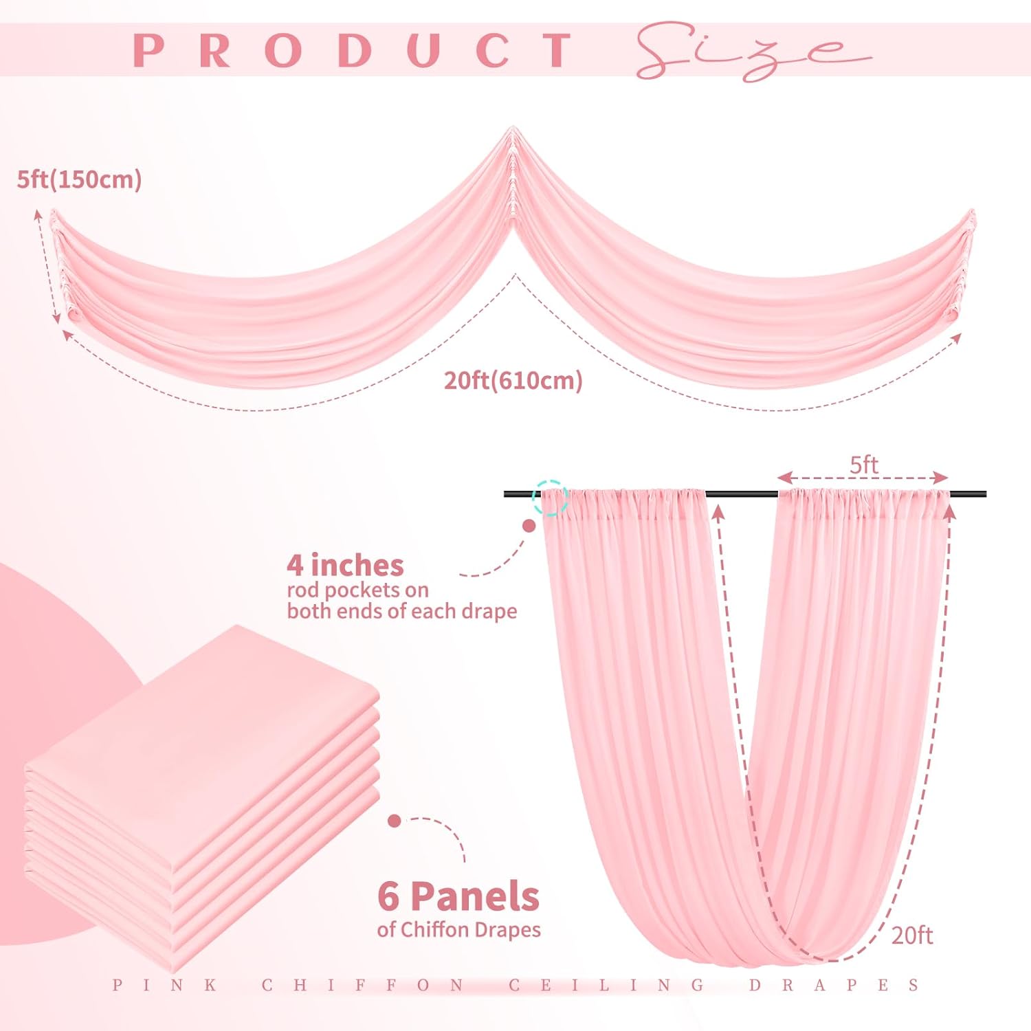 6 Panels Pink Ceiling Drapes for Wedding Decor