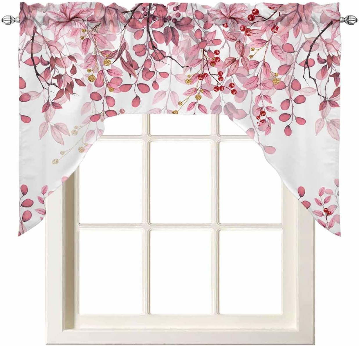 Pink Eucalyptus Swag Valance for Kitchen Window 56x36 Inch