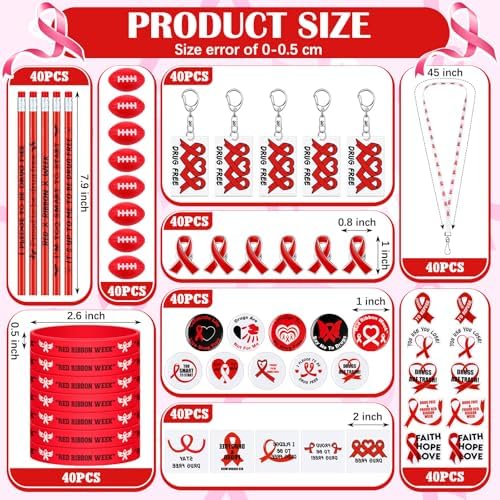400 Pcs Red Ribbon Week Supplies with Wristbands Key Chains and Stickers