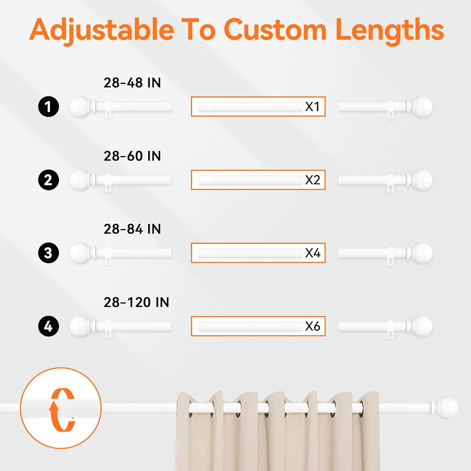 Poskena 58 Stainless Steel Adjustable White Curtain Rods 28-48 Inch