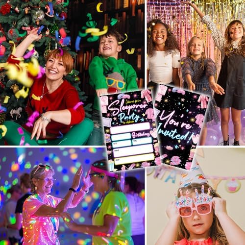 Neon Themed Sleepover Party Invitations with Envelopes