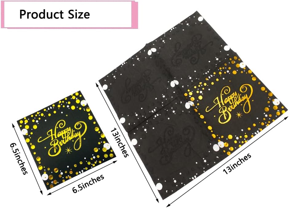40pcs Black and Gold Birthday Napkins for Parties