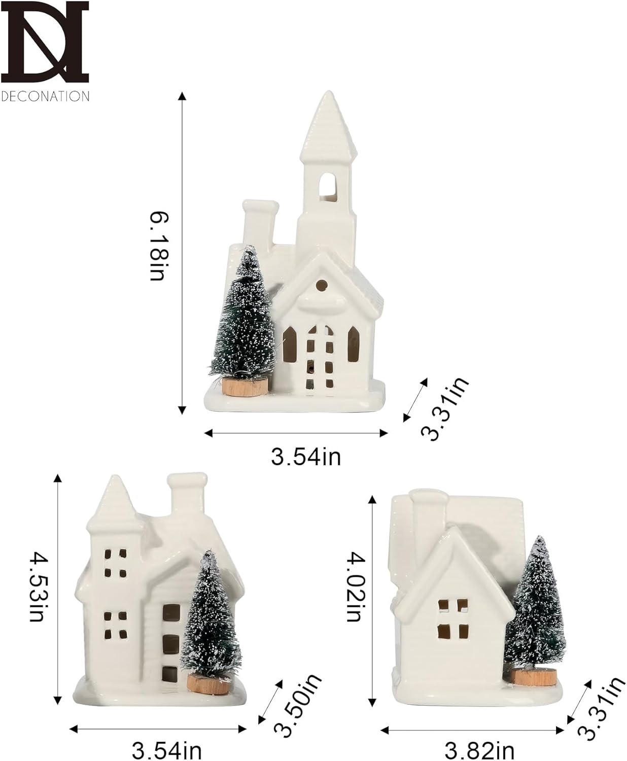 DN DECONATION 3Pcs Lighted White Christmas Ceramic Houses Village Set