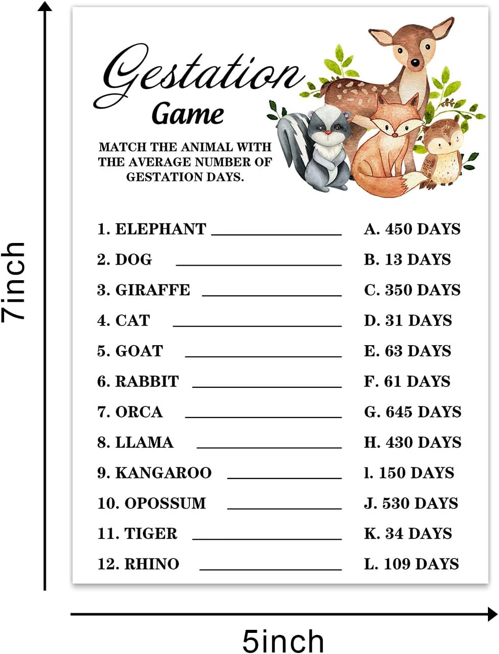 Safari Animals Gestation Game Cards for Baby Shower Party