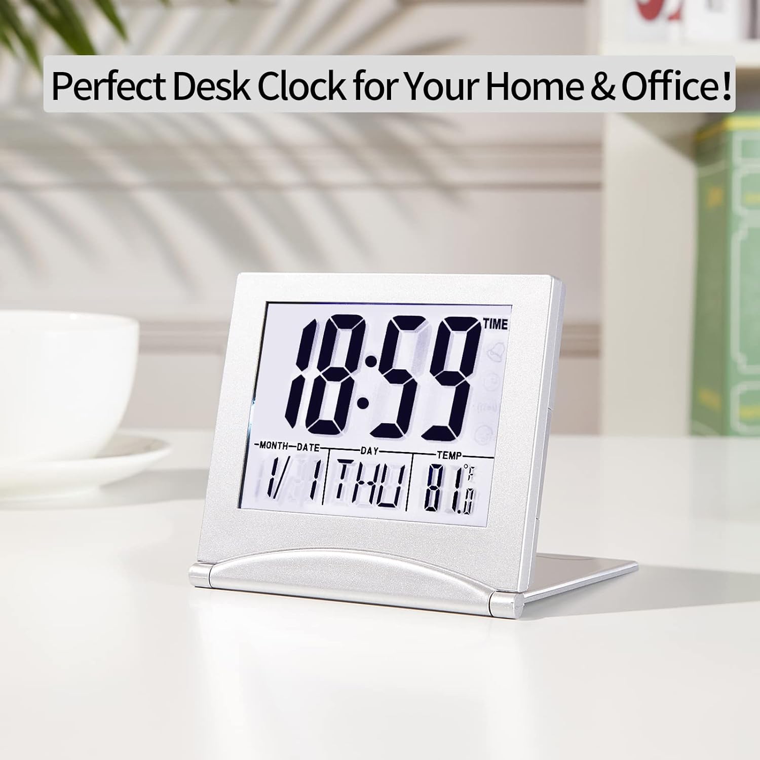 KANBIT Small Digital Travel Alarm Clock with Temperature and Night Light - Silver