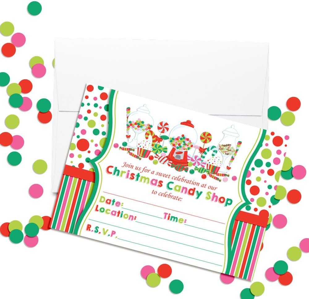 Christmas Sweet Shoppe Birthday Party Invitations with Envelopes
