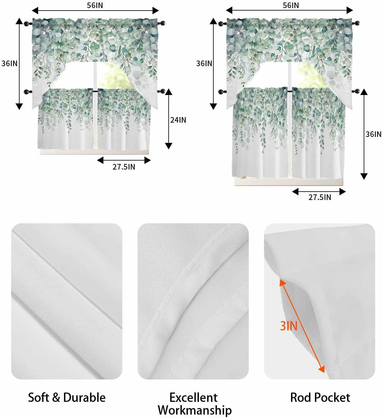 Sage Green Eucalyptus Leaf Curtain Set with Valance and Tiers