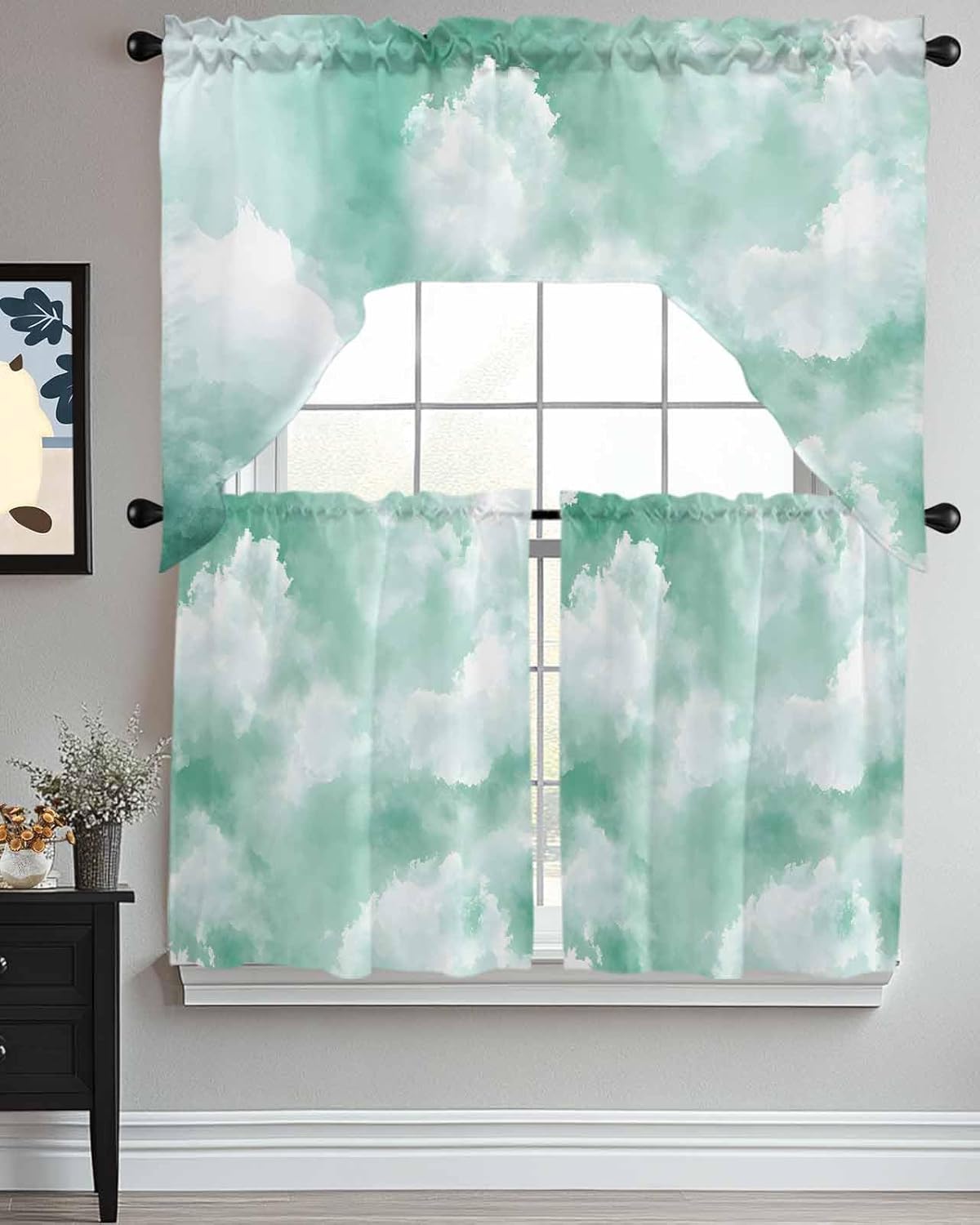 Green Sky Cloud Curtain and Valance Set 3 Pieces