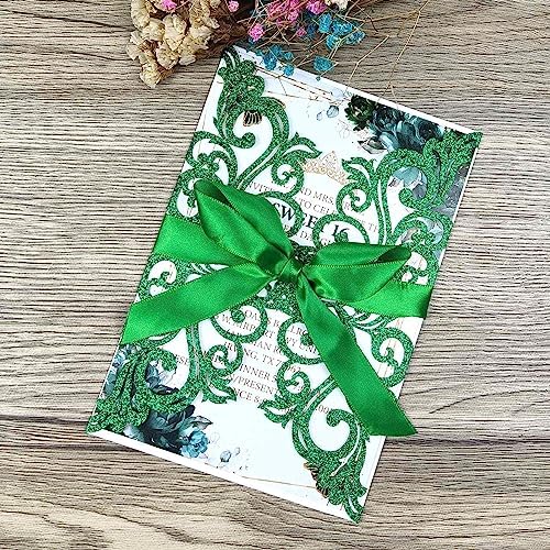 25PCS Green Glitter Laser Cut Wedding Invitation Cards with Envelopes and Ribbons