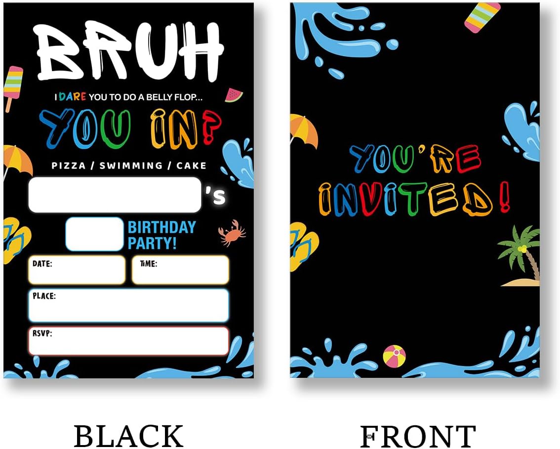 QZJ Bruh Pool Birthday Invitations with Envelopes Set of 20
