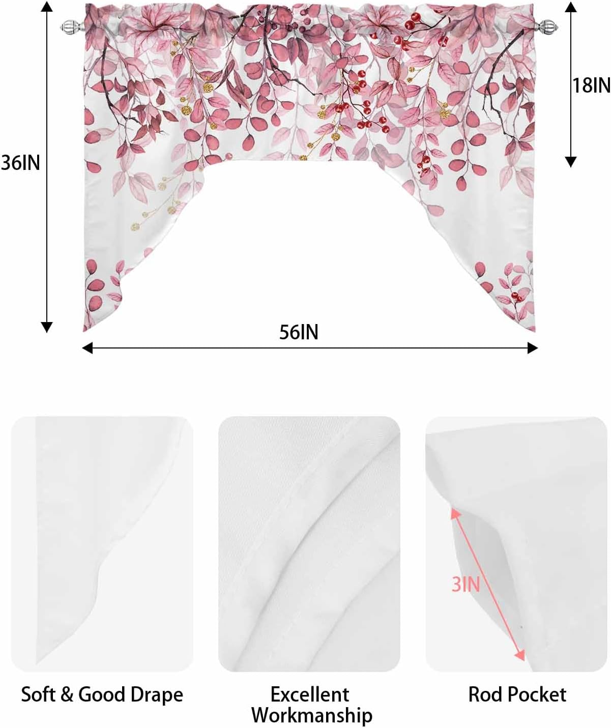 Pink Eucalyptus Swag Valance for Kitchen Window 56x36 Inch