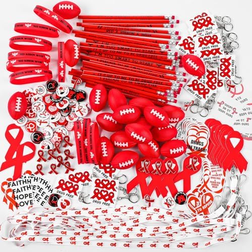 400 Pcs Red Ribbon Week Supplies with Wristbands Key Chains and Stickers