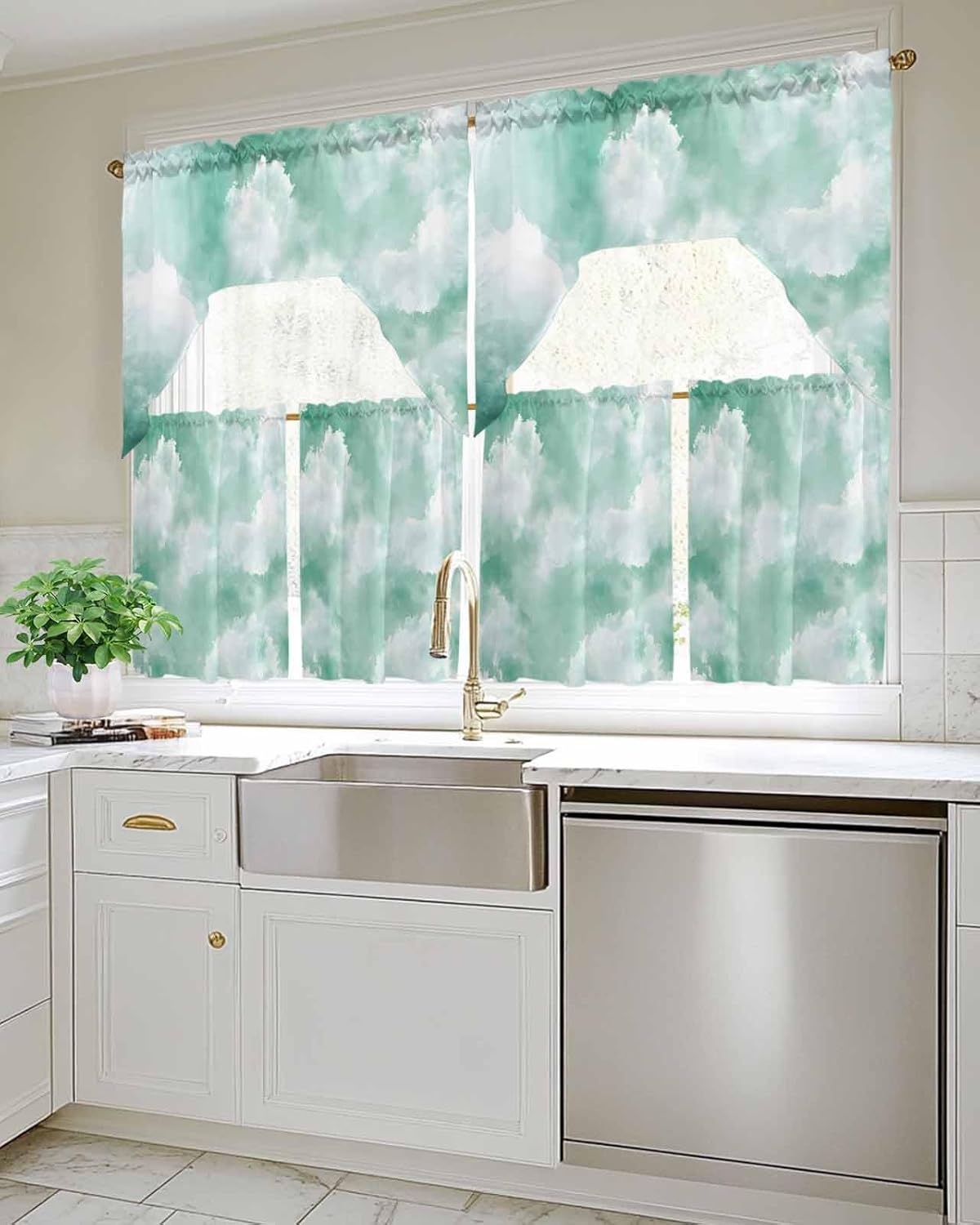 Green Sky Cloud Curtain and Valance Set 3 Pieces