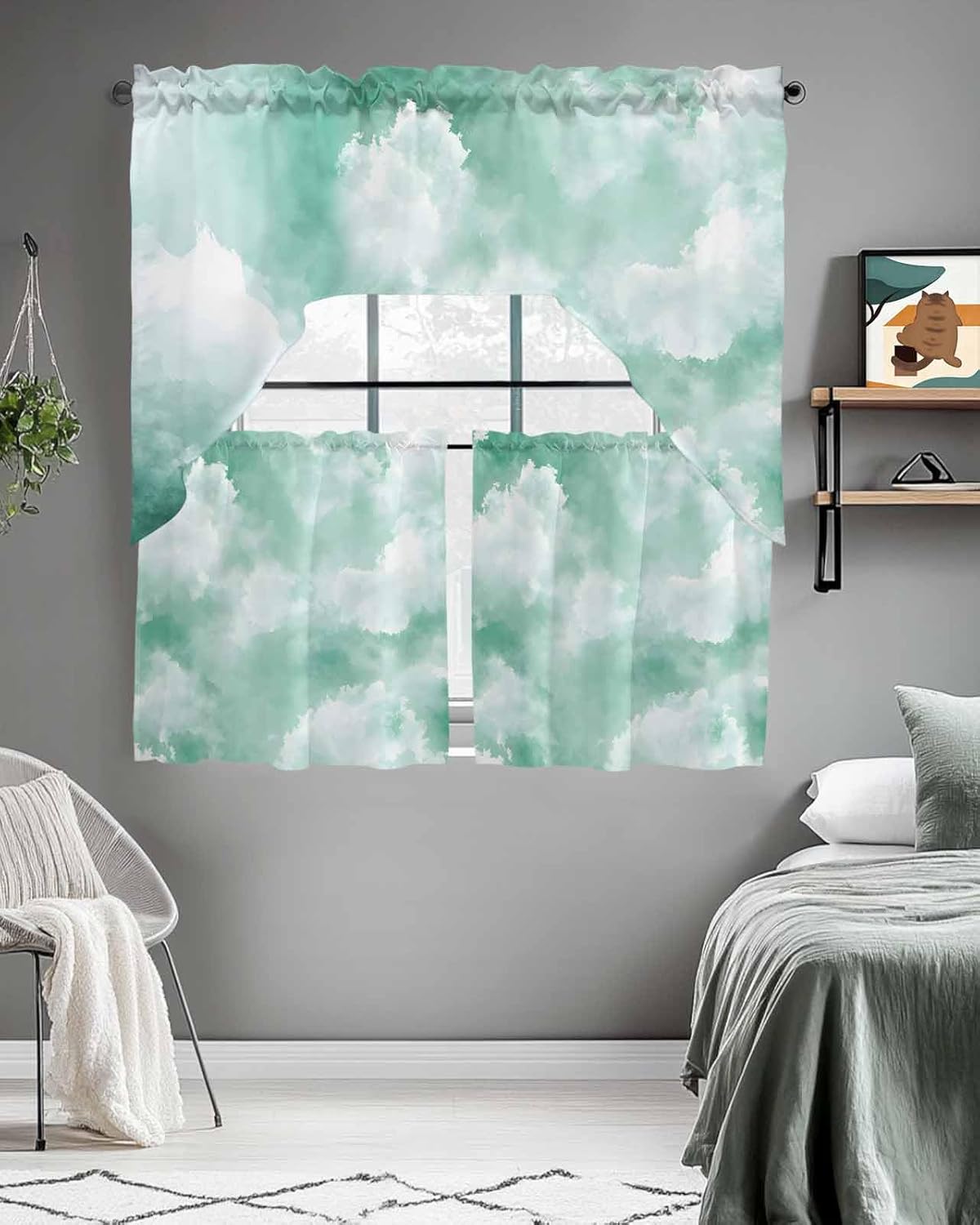 Green Sky Cloud Curtain and Valance Set 3 Pieces